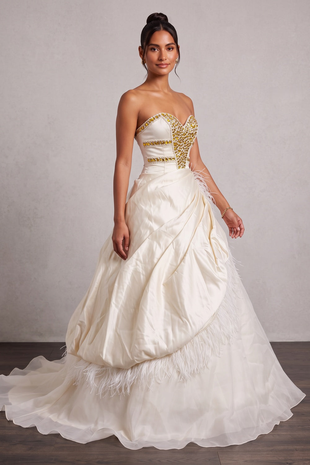 c5b65f51fb13217a CREAM SATIN BALL GOWN RHINESTONE FEATHER PROM