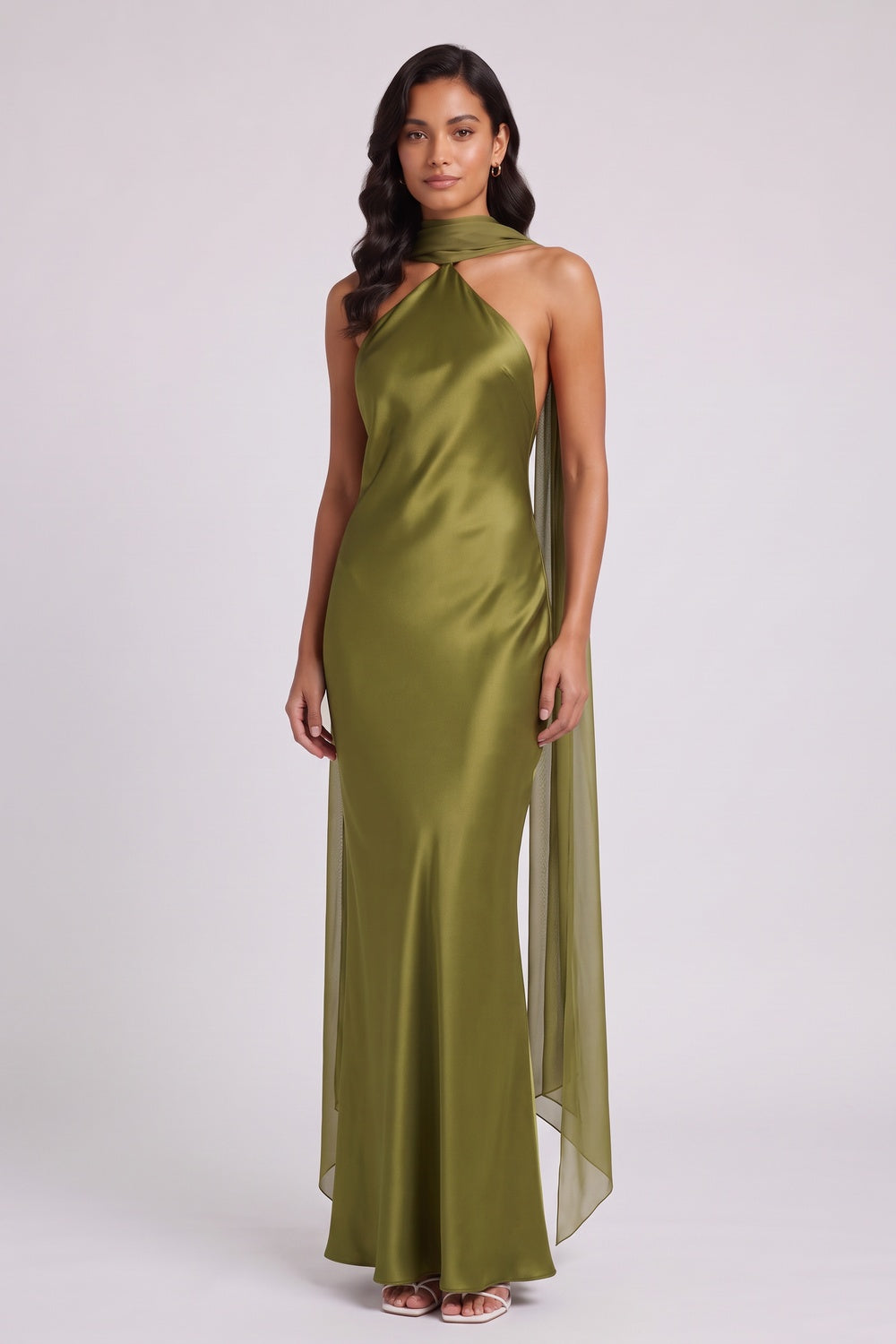 OLIVE SATIN COLUMN EVENING GOWN – FORMAL