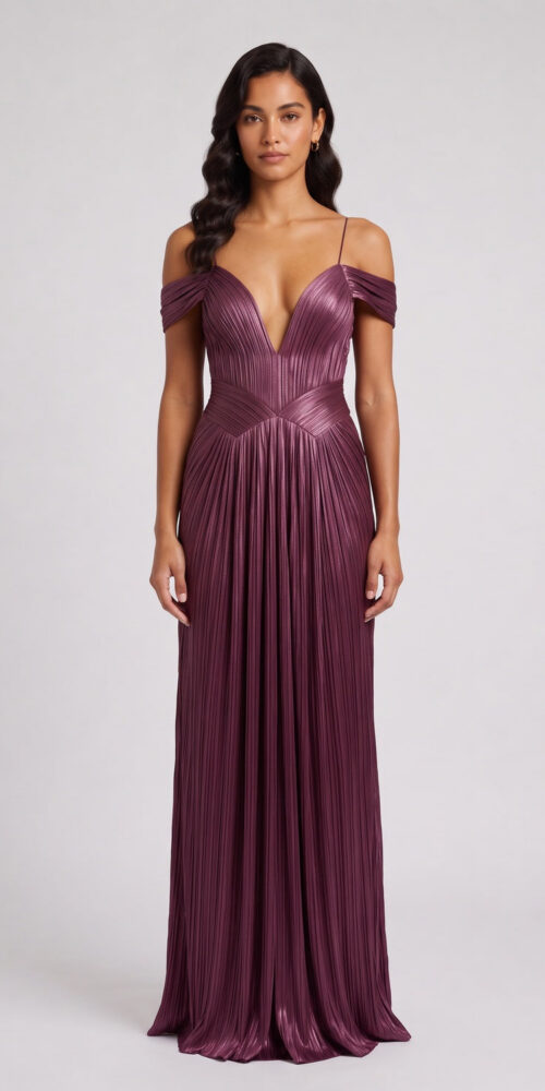 PLUM SATIN PLEATED COLUMN EVENING GOWN