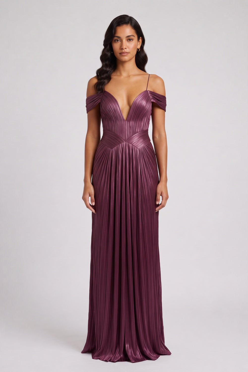 PLUM SATIN PLEATED COLUMN EVENING GOWN