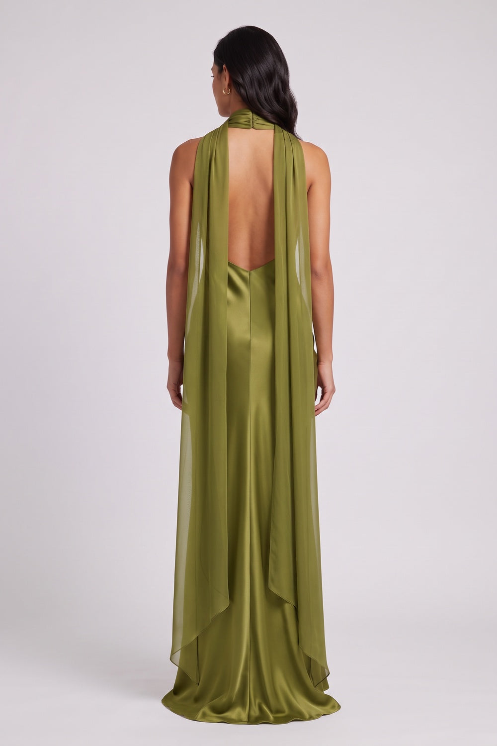 OLIVE SATIN COLUMN EVENING GOWN – FORMAL