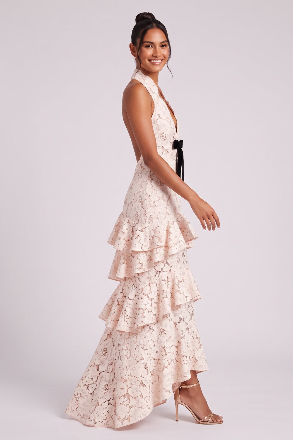 PINK FLORAL LACE HALTER MAXI GOWN – WEDDING GUEST