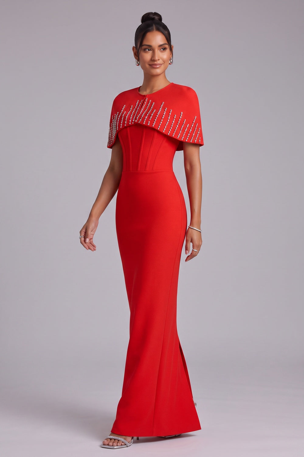 c82997d915892757 RED CREPE COLUMN MAXI DRESS CAPELET EVENING