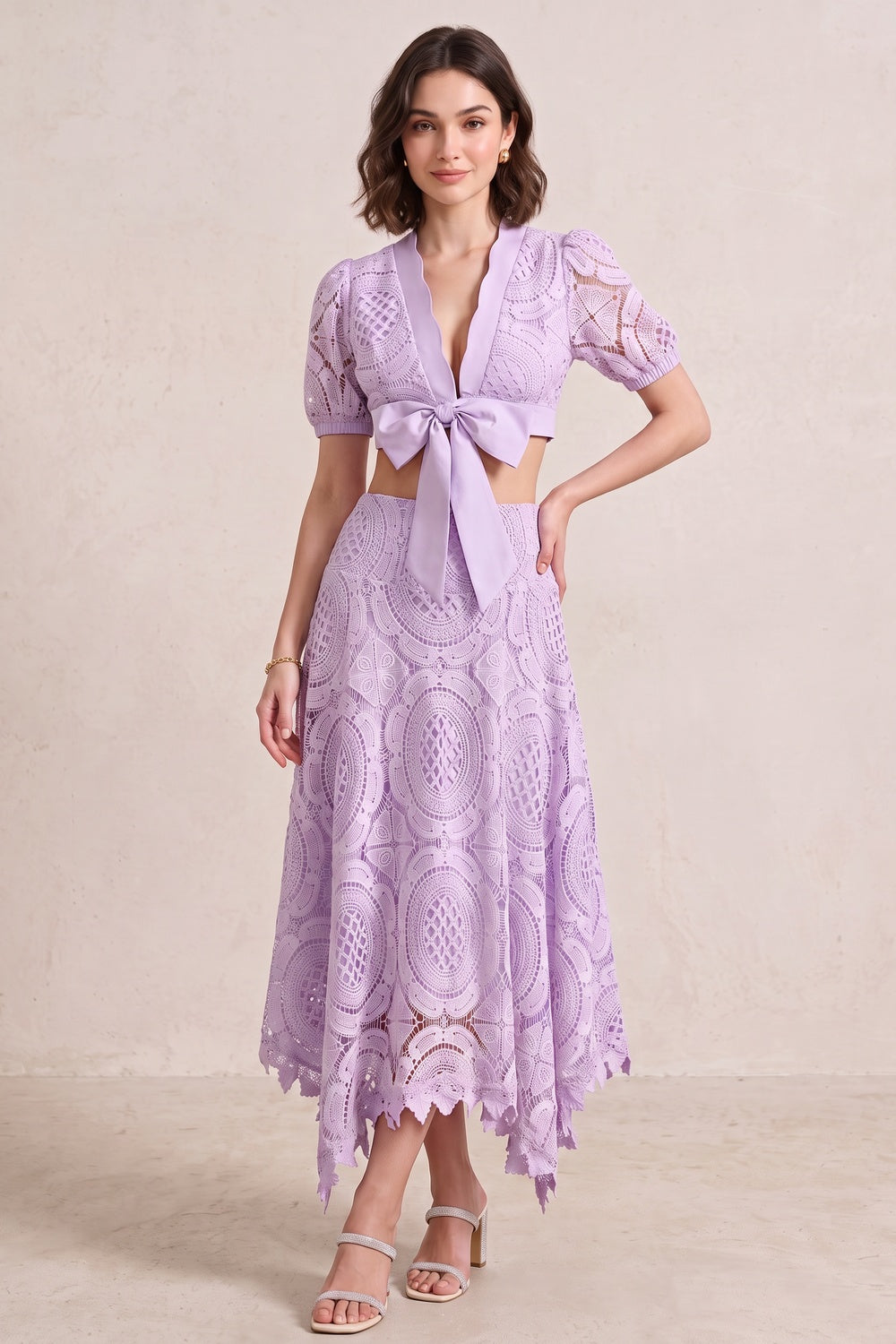 c859c61cfea14f1e LAVENDER CROCHET LACE CROP TOP & A-LINE SKIRT SET