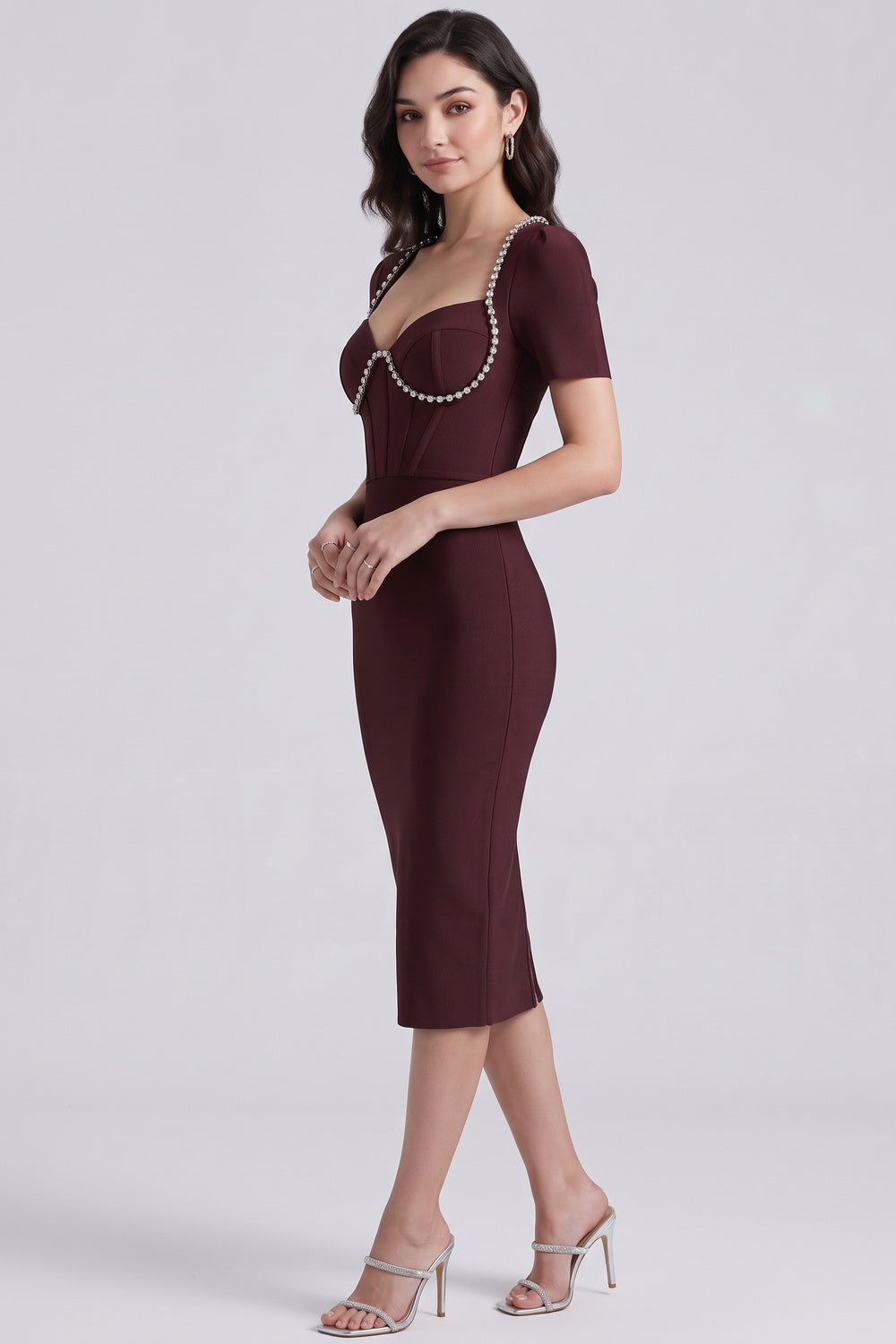 BURGUNDY BANDAGE BODYCON SHEATH DRESS