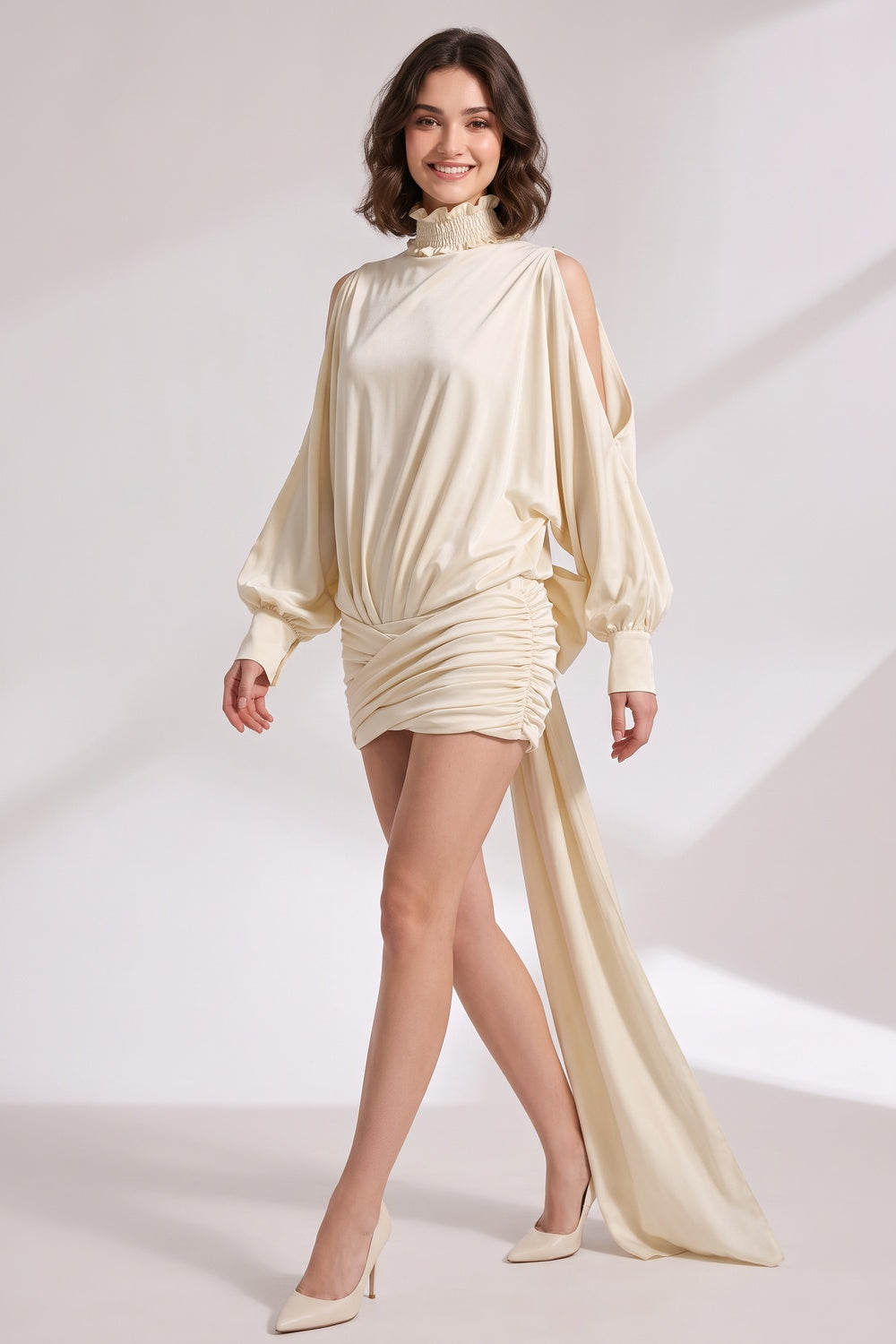 c9a44b479cddf188 CREAM SATIN COWL BACK DRESS | RUCHED BLOUSON SKIRT