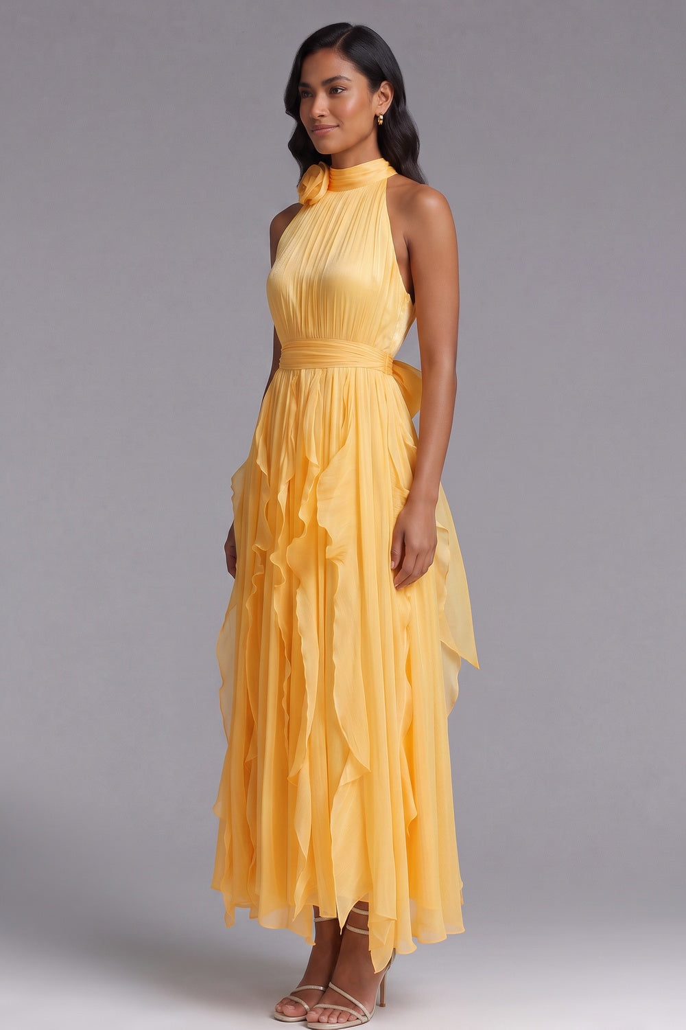 YELLOW CHIFFON HALTER A-LINE MAXI DRESS