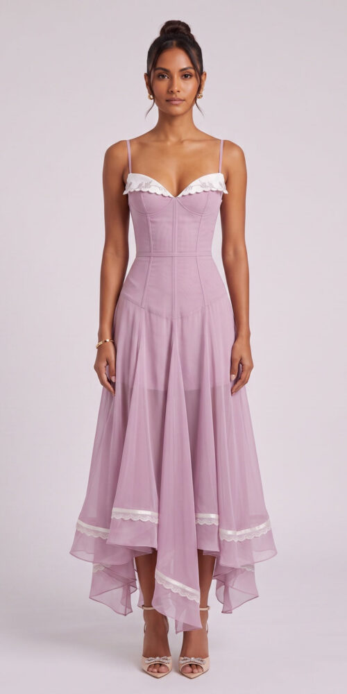 ce0e69b8c5603f37 DUSTY LAVENDER CHIFFON FIT-AND-FLARE MIDI DRESS