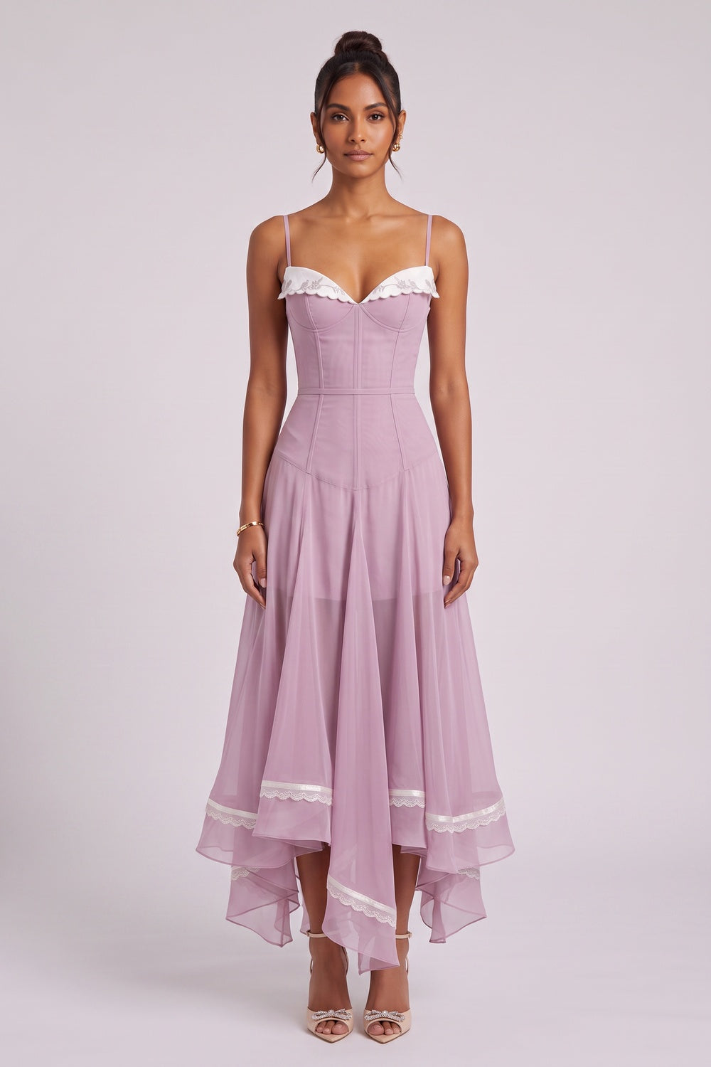 ce0e69b8c5603f37 DUSTY LAVENDER CHIFFON FIT-AND-FLARE MIDI DRESS