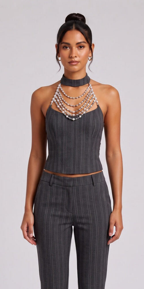 cecdae626d52a646 DARK GREY PINSTRIPE HALTER CORSET TOP - PARTY