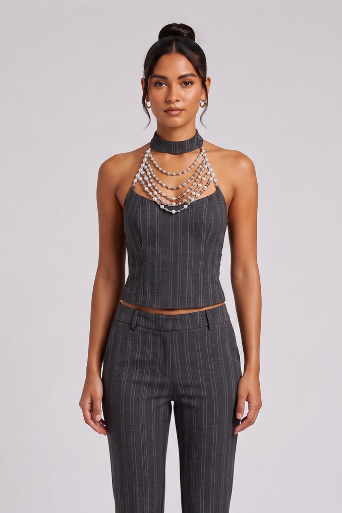 DARK GREY PINSTRIPE HALTER CORSET TOP - PARTY