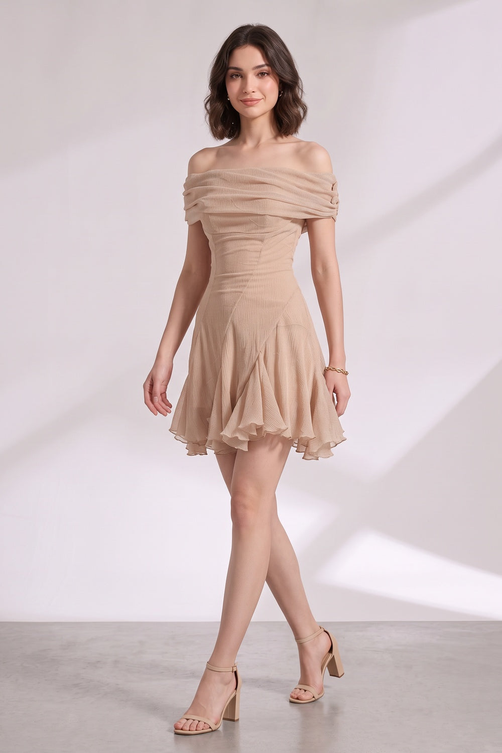 cf0717f4da7d342d BEIGE OFF-SHOULDER FIT-AND-FLARE CHIFFON MINI DRESS