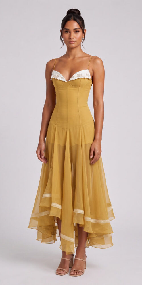 cf94fb0f3f1f52f0 MUSTARD CHIFFON FIT-AND-FLARE MIDI DRESS SCALLOP COLLAR