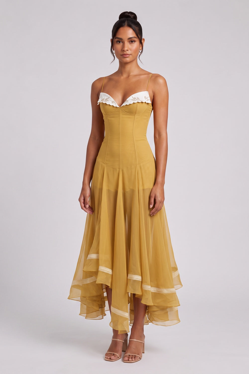cf94fb0f3f1f52f0 MUSTARD CHIFFON FIT-AND-FLARE MIDI DRESS SCALLOP COLLAR