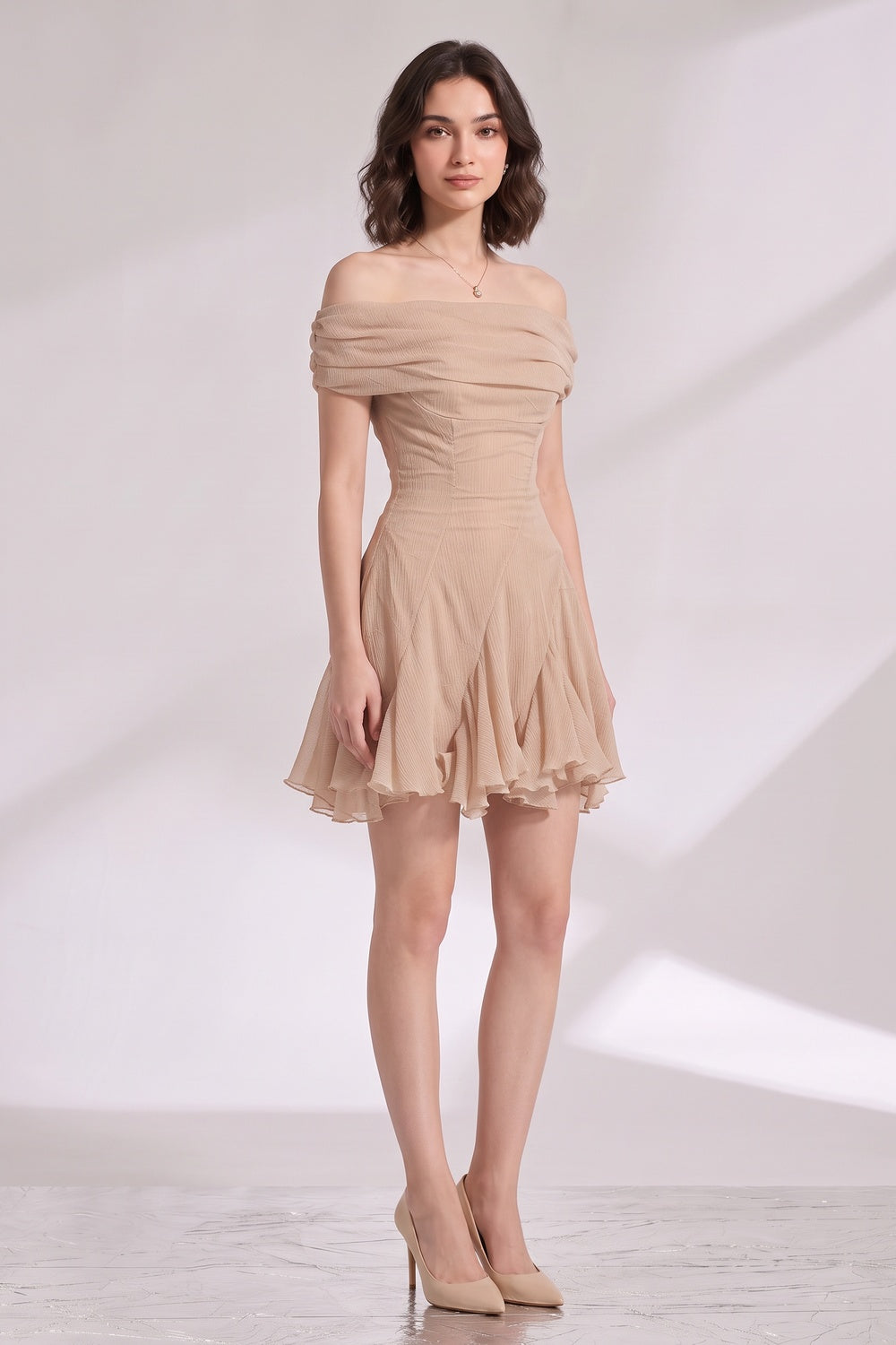 cfae3f98217a4139 BEIGE OFF-SHOULDER FIT-AND-FLARE CHIFFON MINI DRESS