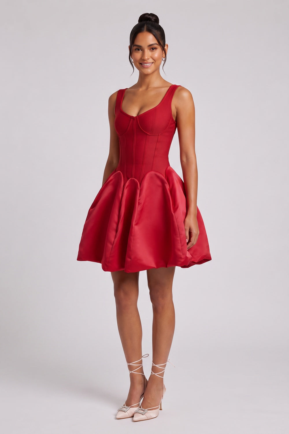 cfb05f766d54badc RED SATIN FIT-AND-FLARE MINI DRESS