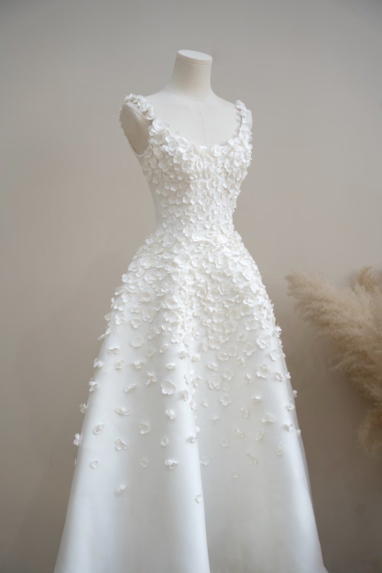 WHITE SATIN A-LINE MIDI DRESS | 3D FLORAL WEDDING GUEST