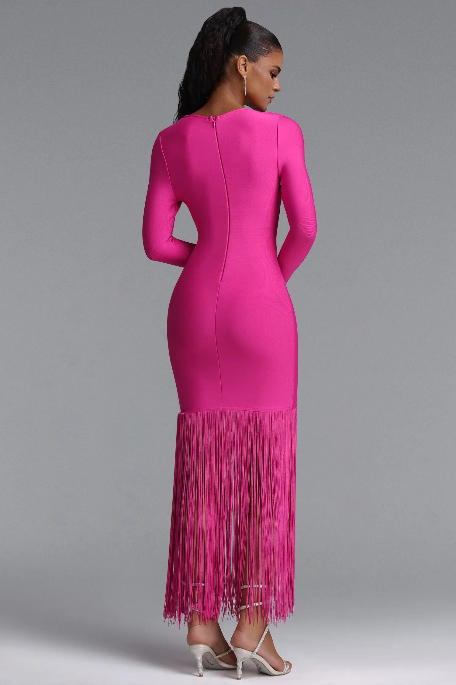 competitor_back_72e4f6a4-7dc7-464e-8e47-22c5105df016 PINK FRINGE MIDI DRESS LONG SLEEVE COCKTAIL