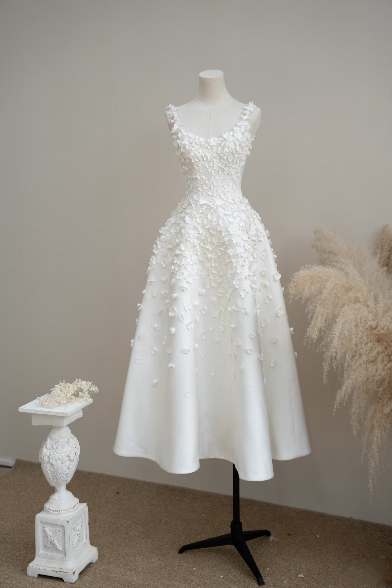 WHITE SATIN A-LINE MIDI DRESS | 3D FLORAL WEDDING GUEST