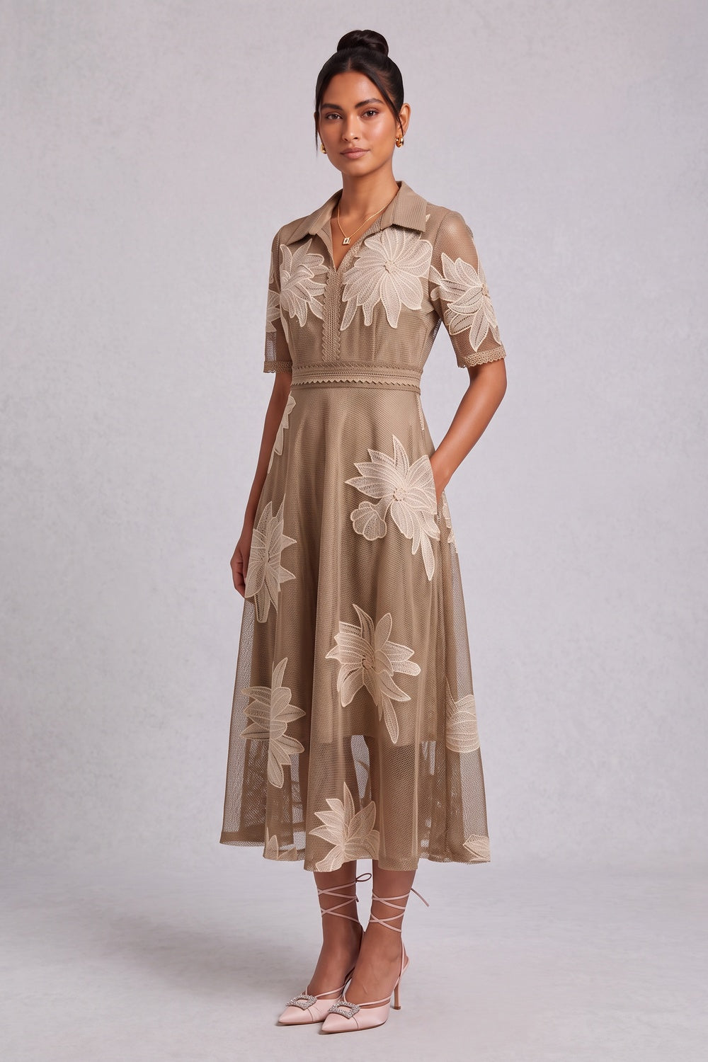 d0143256a8980b09 TAUPE TULLE A-LINE MIDI DRESS FLORAL APPLIQUE