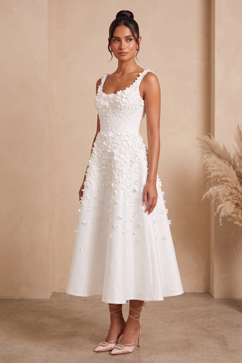 WHITE SATIN A-LINE MIDI DRESS | 3D FLORAL WEDDING GUEST