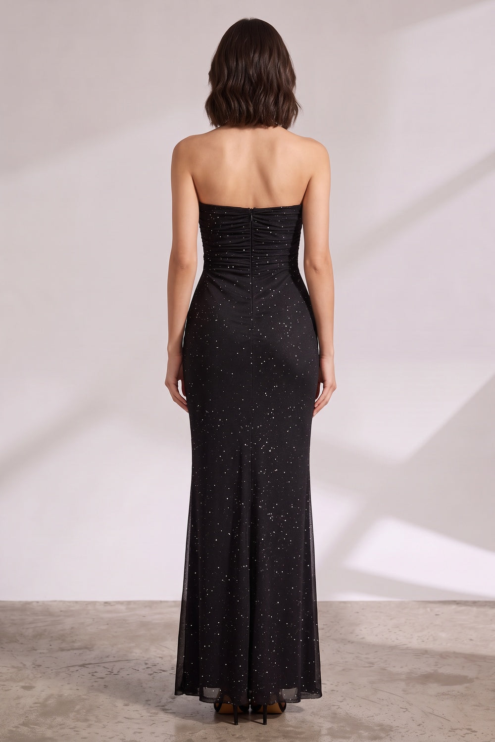 d0969f383c716286 BLACK MESH FITTED COLUMN GOWN FORMAL EVENING