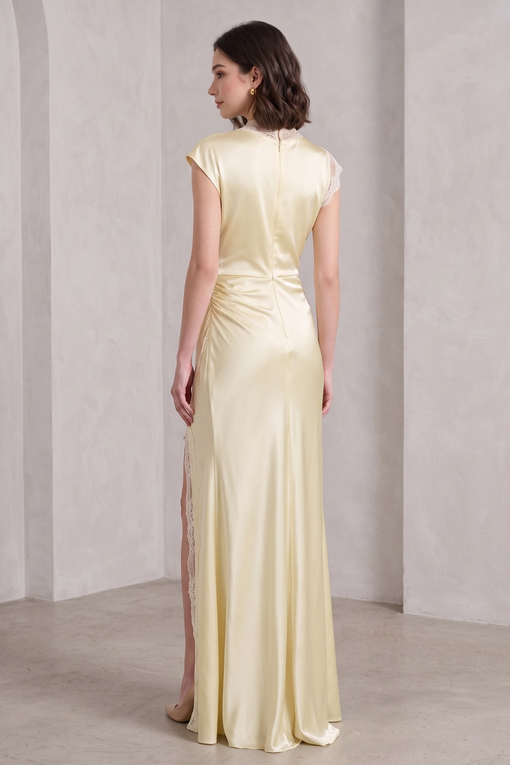 d14d91b7ec92d5b3 PALE YELLOW SATIN COLUMN GOWN LACE FORMAL