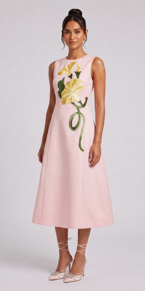 d17b416b84d7b813 PALE PINK A-LINE MIDI DRESS | FLORAL WEDDING GUEST