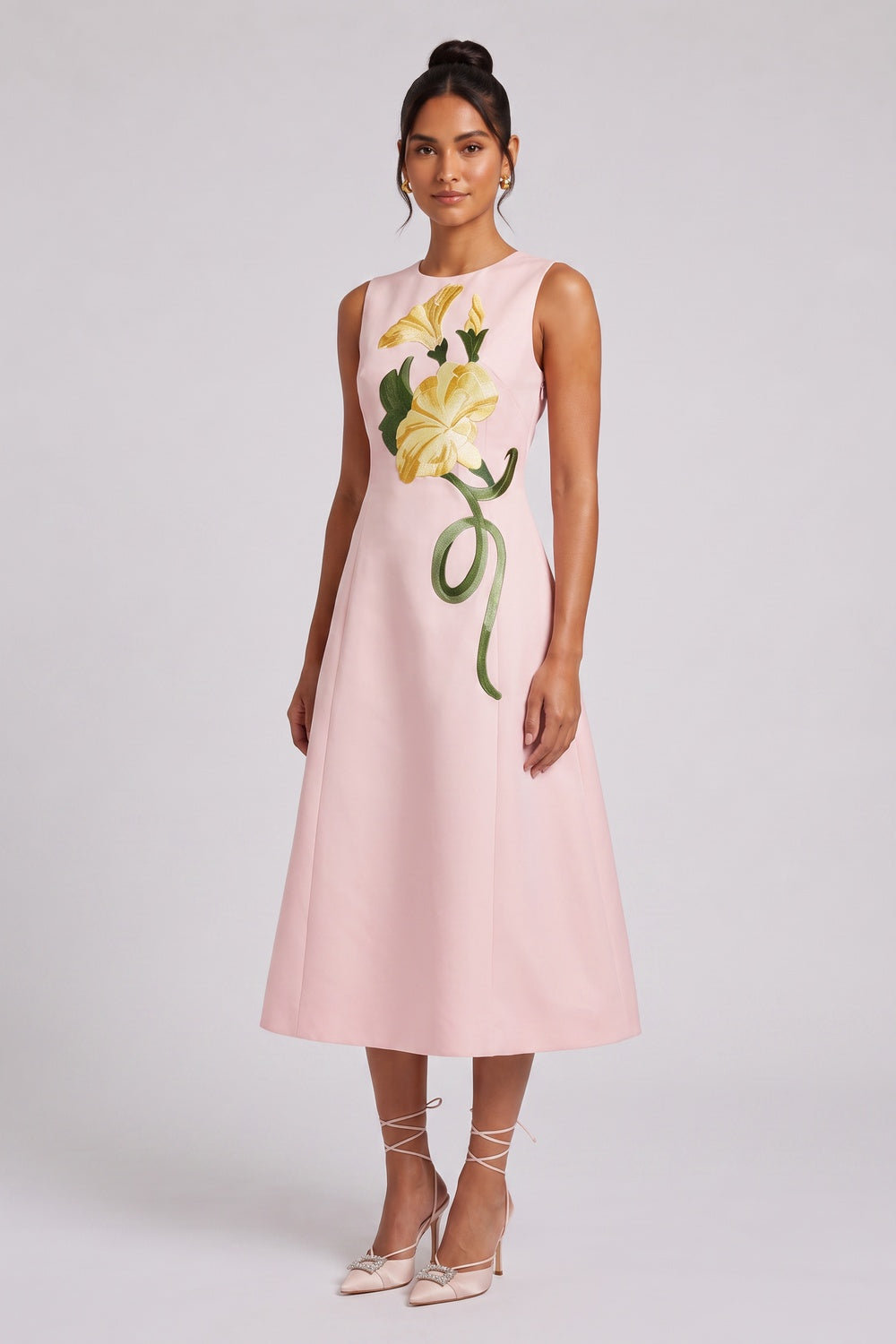 d17b416b84d7b813 PALE PINK A-LINE MIDI DRESS | FLORAL WEDDING GUEST