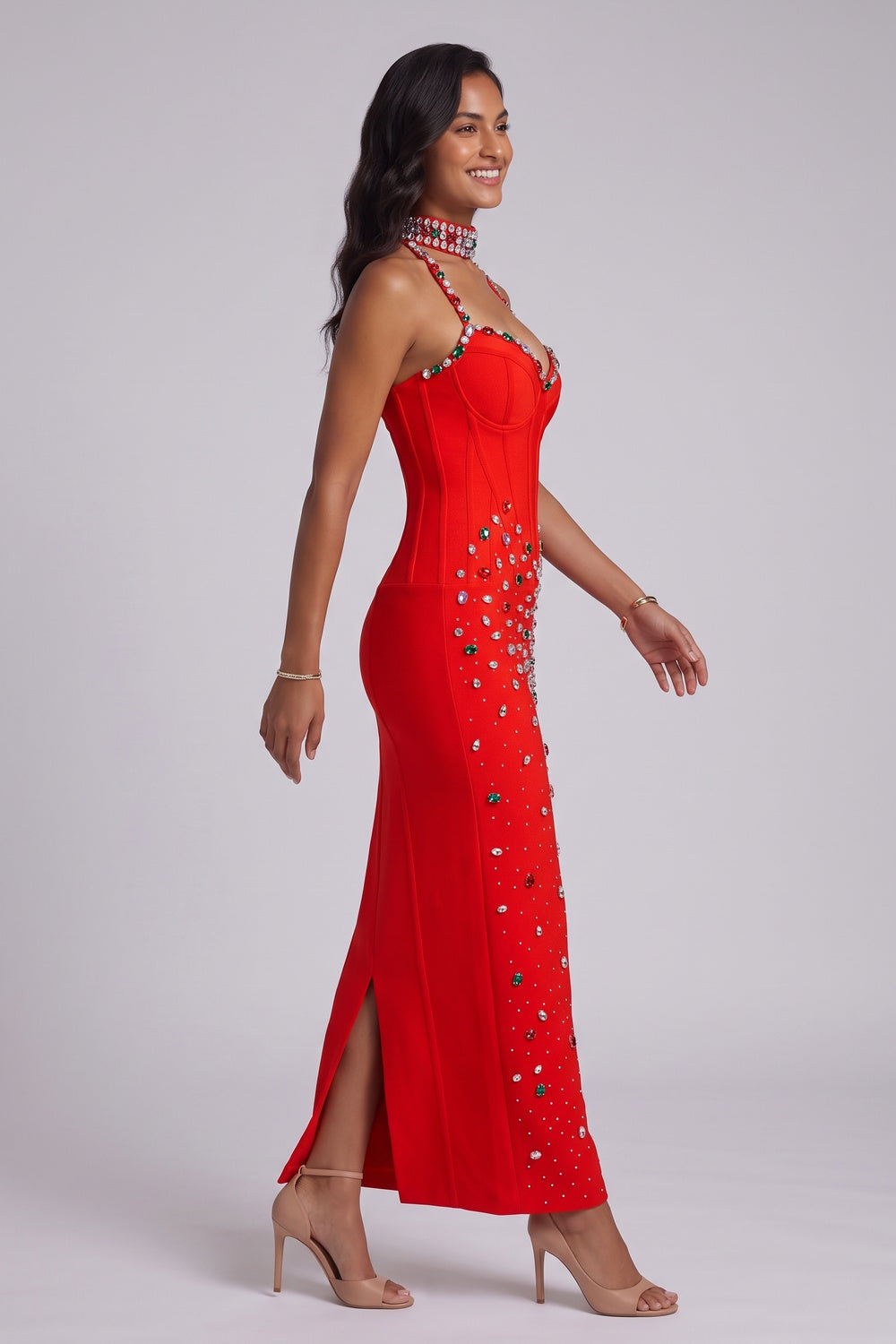 d2751ea1a09b5cd6 RED HALTER SHEATH DRESS – EMBELLISHED COCKTAIL