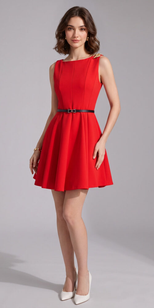d28ab013f57e4528 RED FIT-AND-FLARE SKATER DRESS - PARTY COCKTAIL
