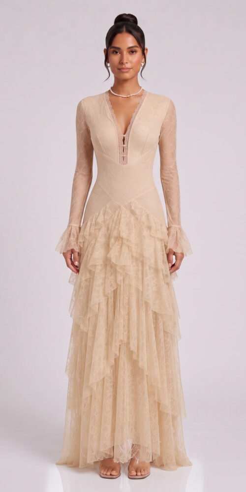d32321dd35cfc43e BEIGE FLORAL LACE FIT-AND-FLARE GOWN – FORMAL