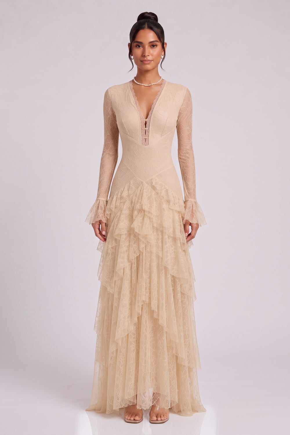 d32321dd35cfc43e BEIGE FLORAL LACE FIT-AND-FLARE GOWN – FORMAL