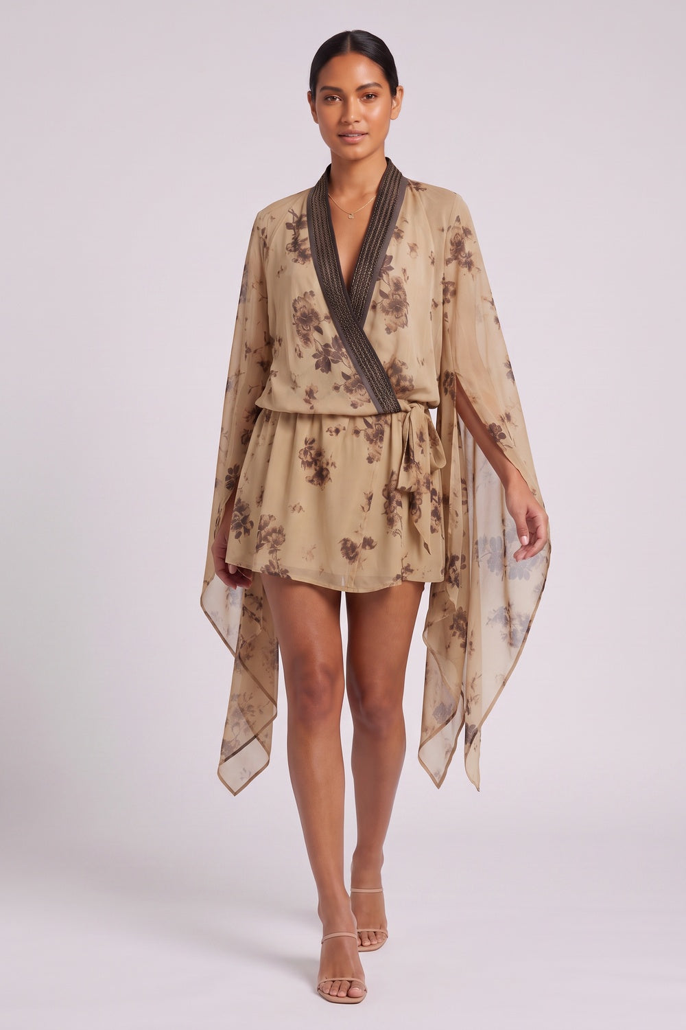 d352a22b60e0103d BEIGE CHIFFON CAPE-SLEEVE WRAP MINI DRESS