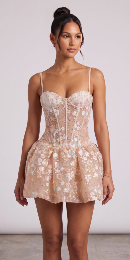 d53433e00470578d PEACH TULLE FIT-AND-FLARE PROM DRESS