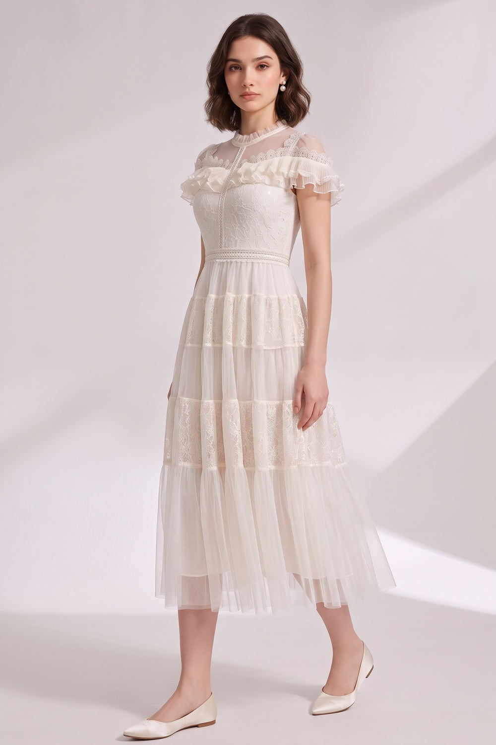 d5f7902131156146 IVORY LACE TULLE FIT-AND-FLARE A-LINE MIDI DRESS