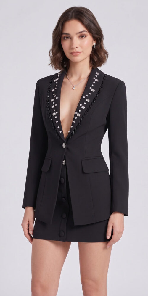 d65f1789b4b9891a BLACK TAILORED TWO-PIECE SKIRT SUIT FOR WORK