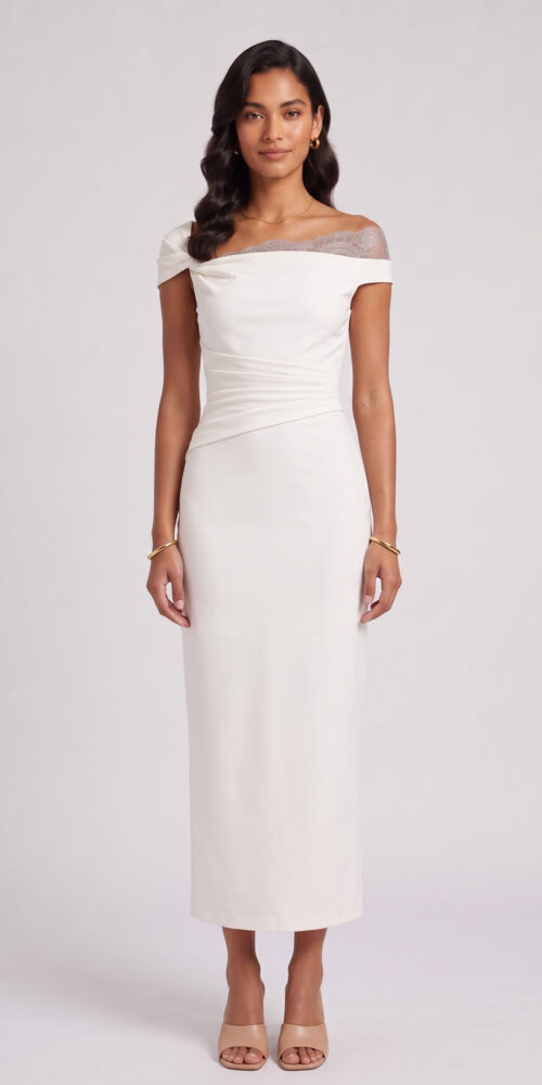 d711a82ca04196a9 OFF-WHITE CREPE SHEATH DRESS – WEDDING GUEST
