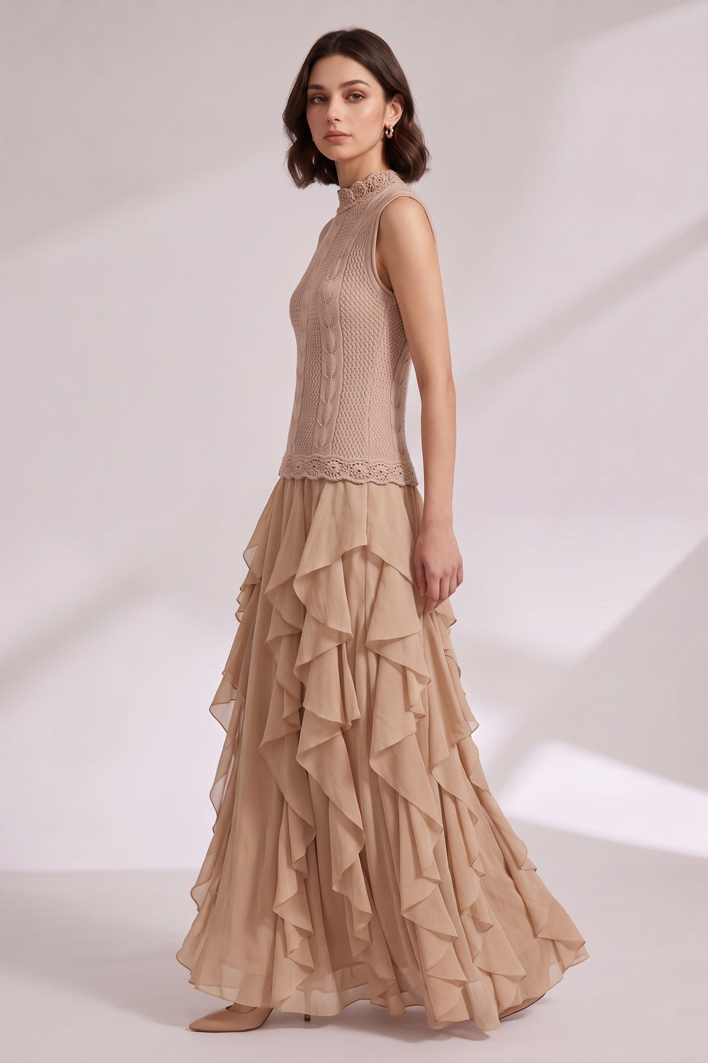 d78412c3391e68fe BEIGE KNIT FIT & FLARE MAXI DRESS - RUFFLE TIER