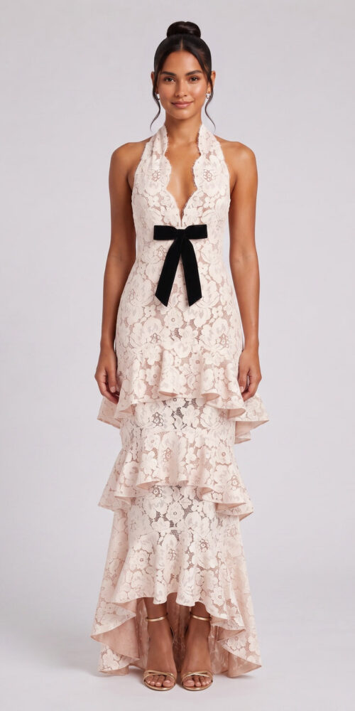 PINK FLORAL LACE HALTER MAXI GOWN – WEDDING GUEST