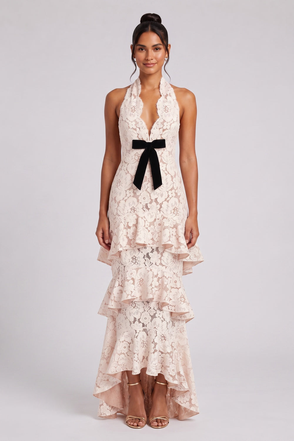 PINK FLORAL LACE HALTER MAXI GOWN – WEDDING GUEST