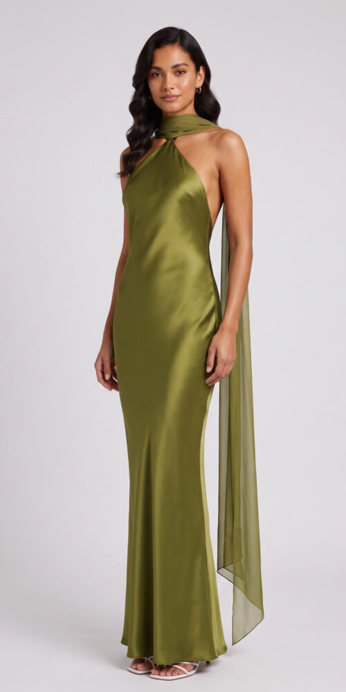 OLIVE SATIN COLUMN EVENING GOWN – FORMAL