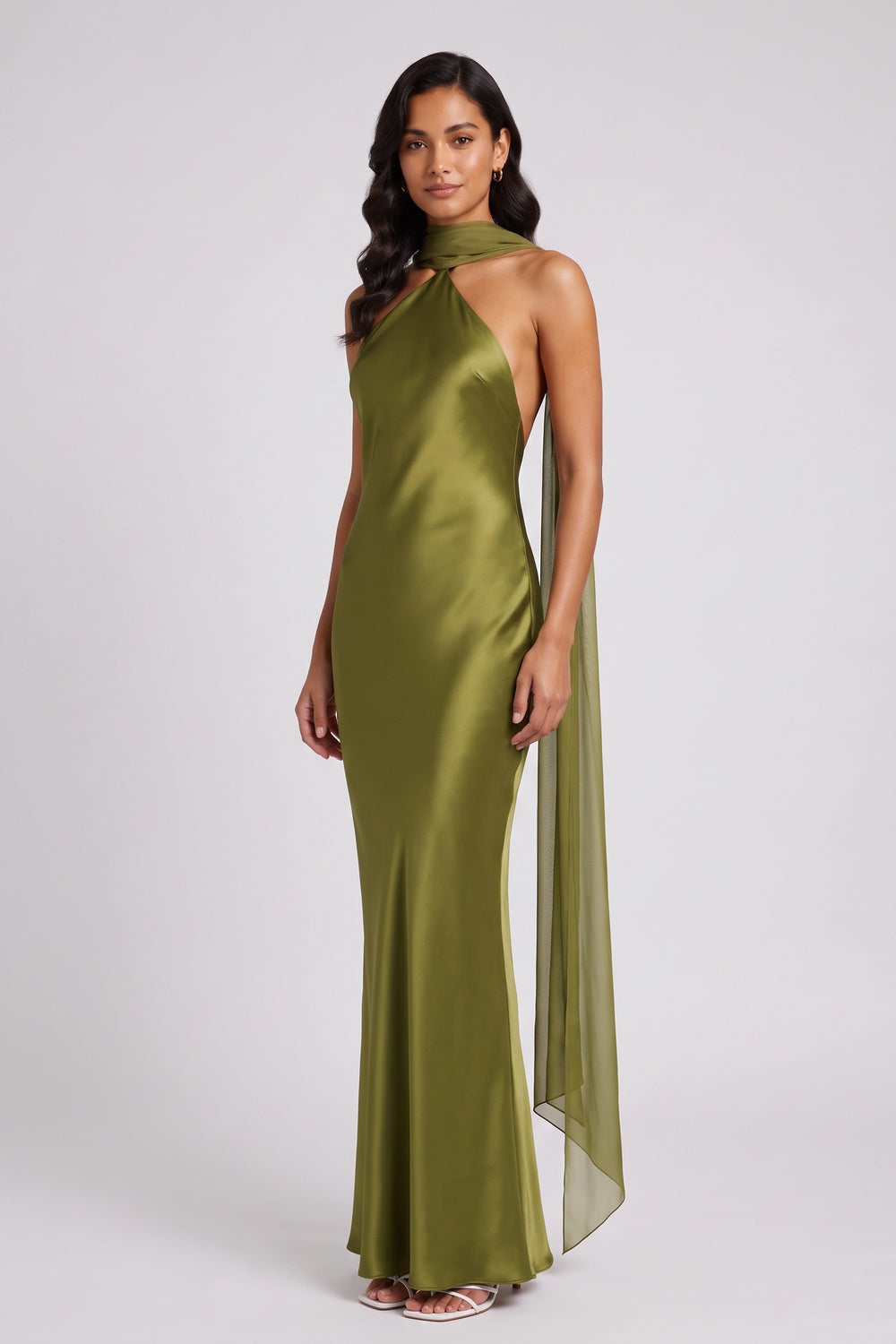 OLIVE SATIN COLUMN EVENING GOWN – FORMAL