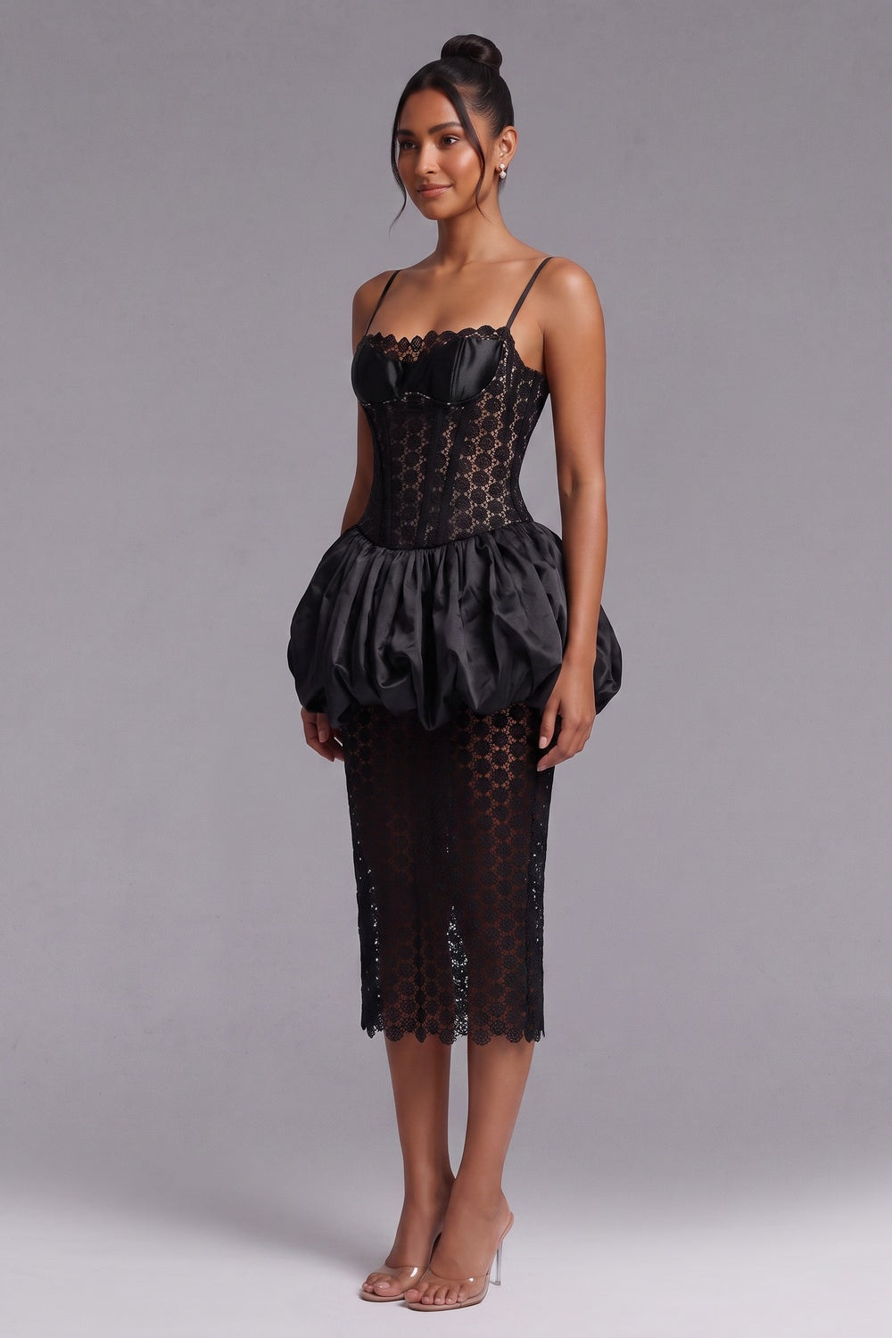 d9a6b8fc670b2b36 BLACK SATIN CORSET BUBBLE HEM MIDI DRESS