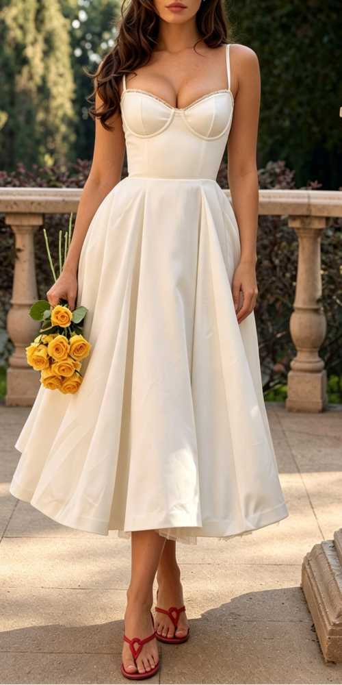 d9c7739ab09291f26f5a0fec8e557f46 IVORY SATIN MIDI FIT-AND-FLARE WEDDING GUEST DRESS