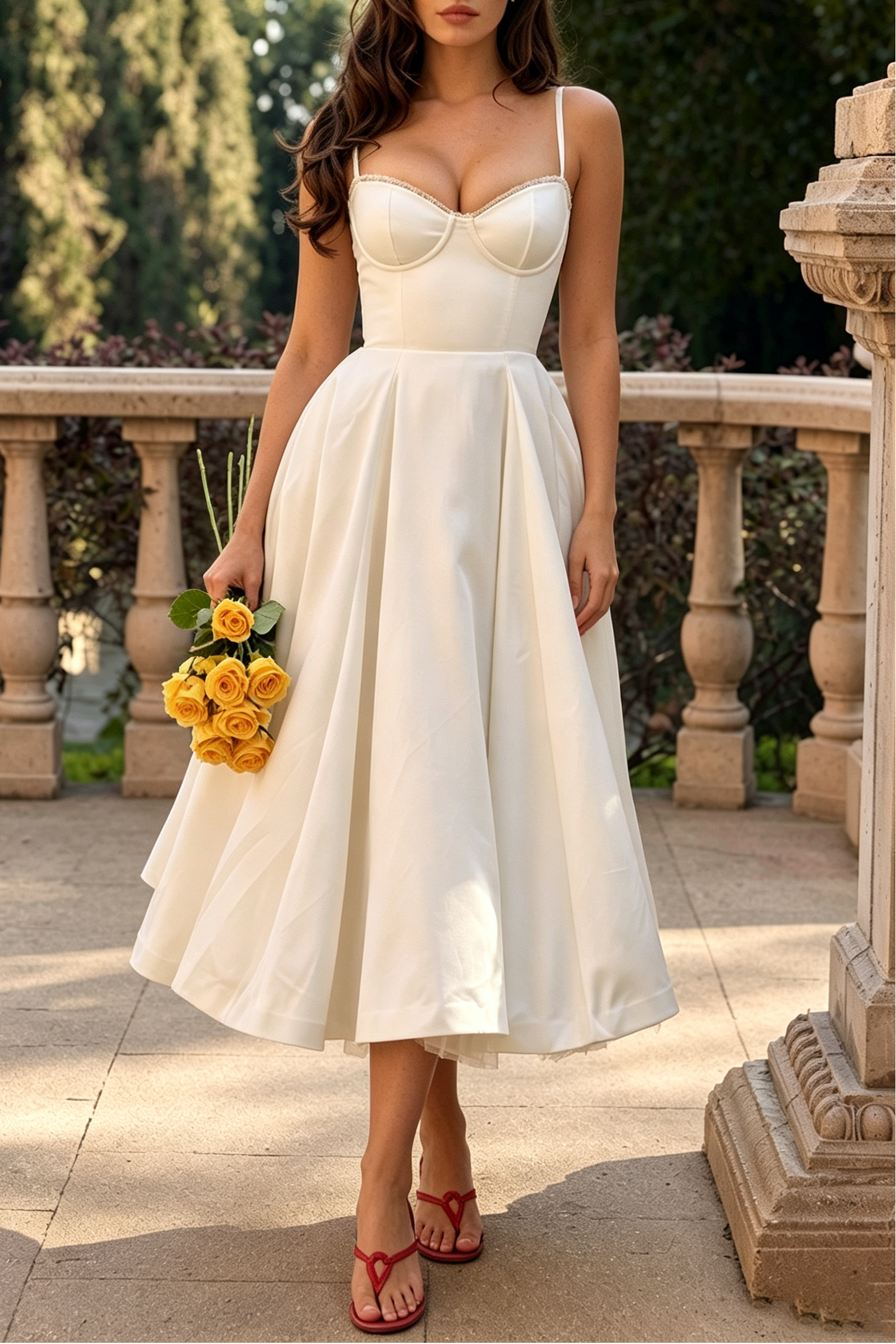 d9c7739ab09291f26f5a0fec8e557f46 IVORY SATIN MIDI FIT-AND-FLARE WEDDING GUEST DRESS
