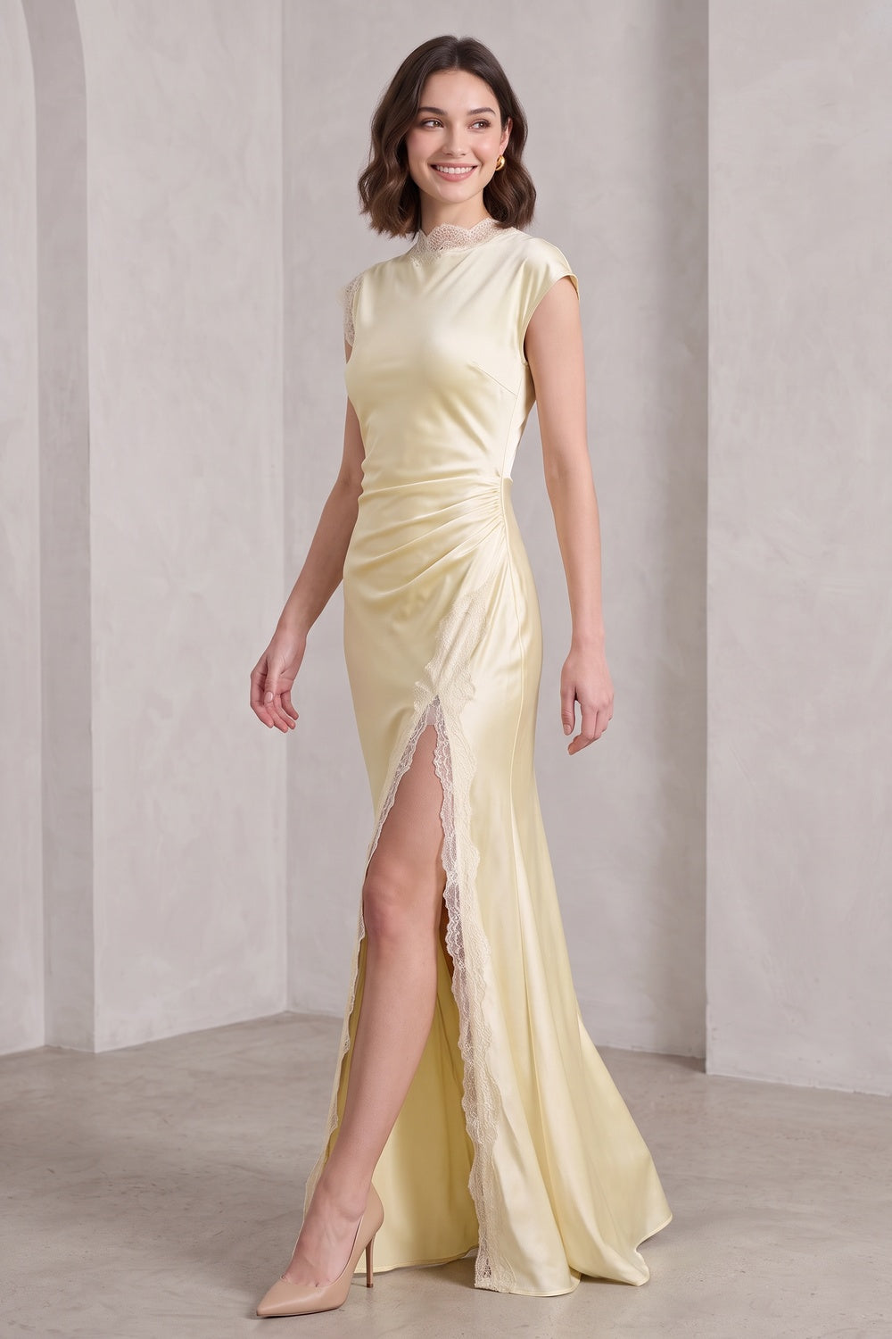 da244008ac5c8a58 PALE YELLOW SATIN COLUMN GOWN LACE FORMAL