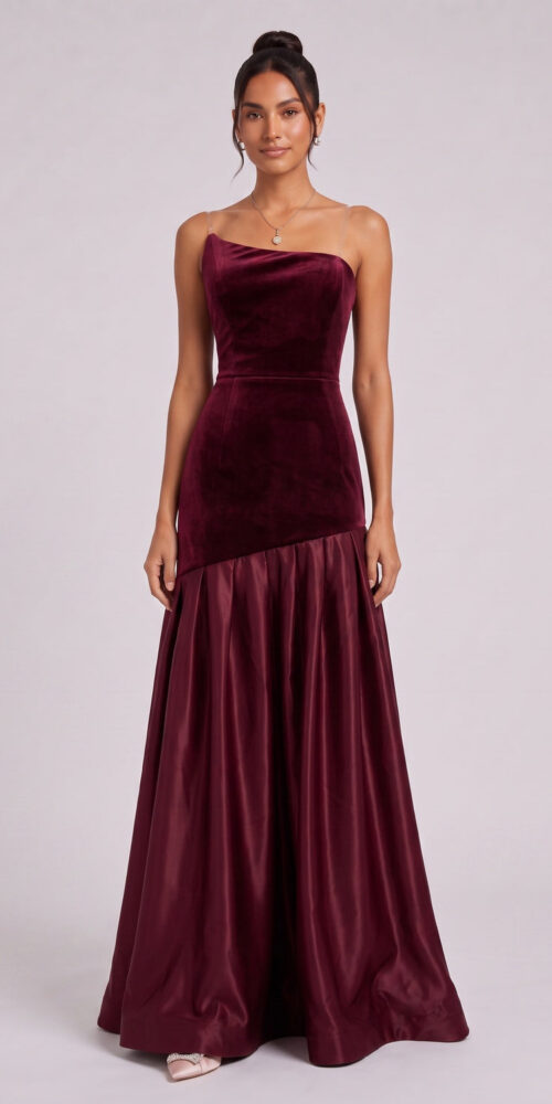 da9851ee961cb8d2 BURGUNDY VELVET ASYMMETRIC A-LINE GOWN – FORMAL
