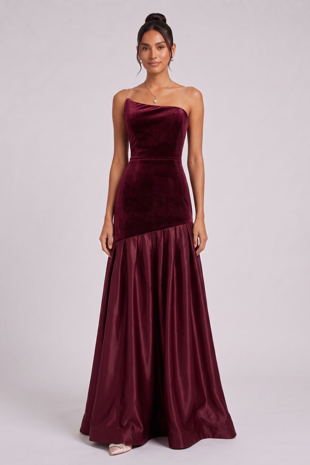 BURGUNDY VELVET ASYMMETRIC A-LINE GOWN – FORMAL