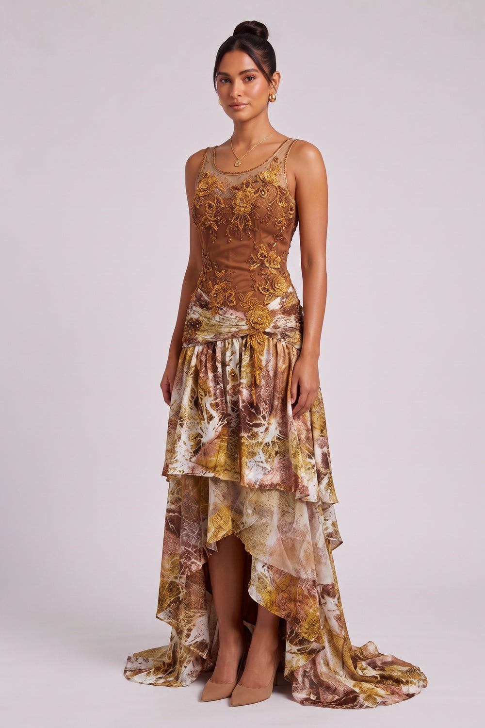 daaf6665119c1e7b BROWN SILK ASYMMETRIC TIERED MAXI GOWN DRESS